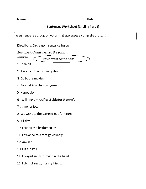 Circling Simple Sentences Worksheet Part 1