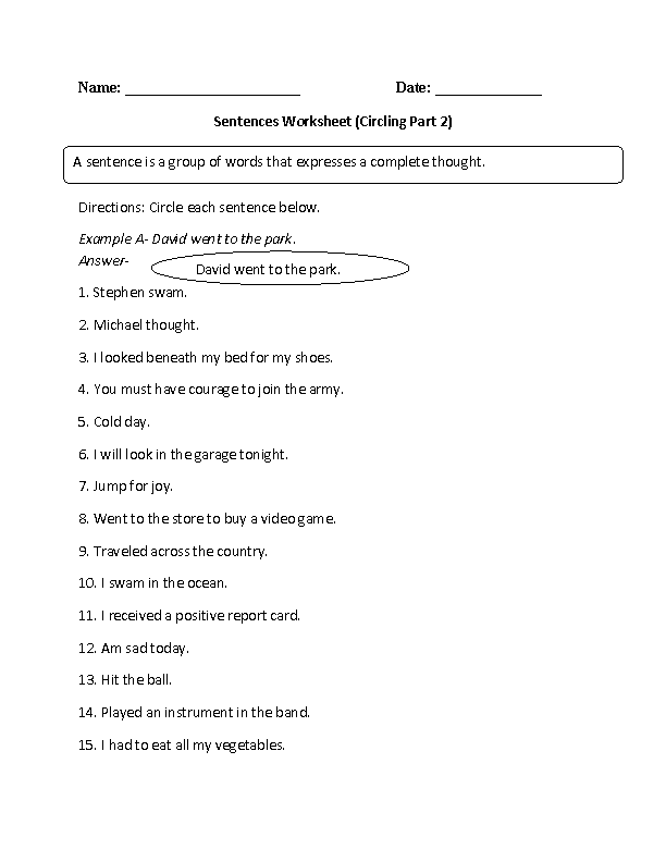Circling Simple Sentences Worksheet Part 2
