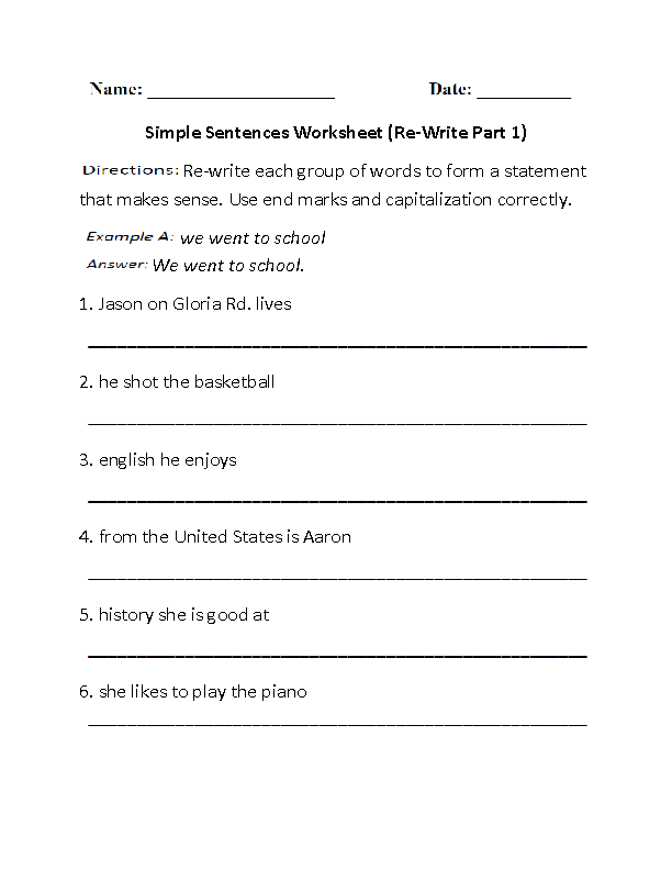 Simple Sentences Worksheet