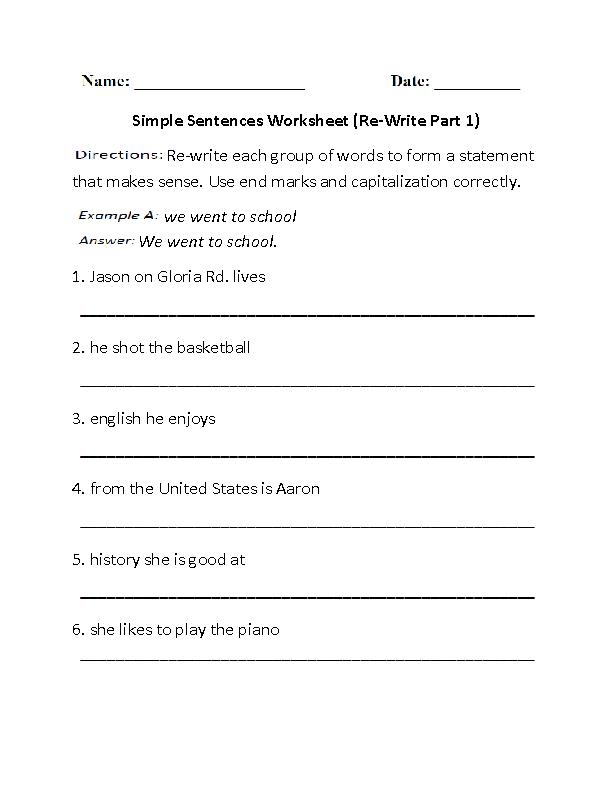 Sentences Worksheets Simple Sentences Worksheets