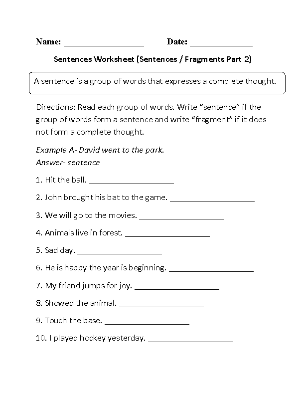 Sentences Worksheet For Class 5 Pdf