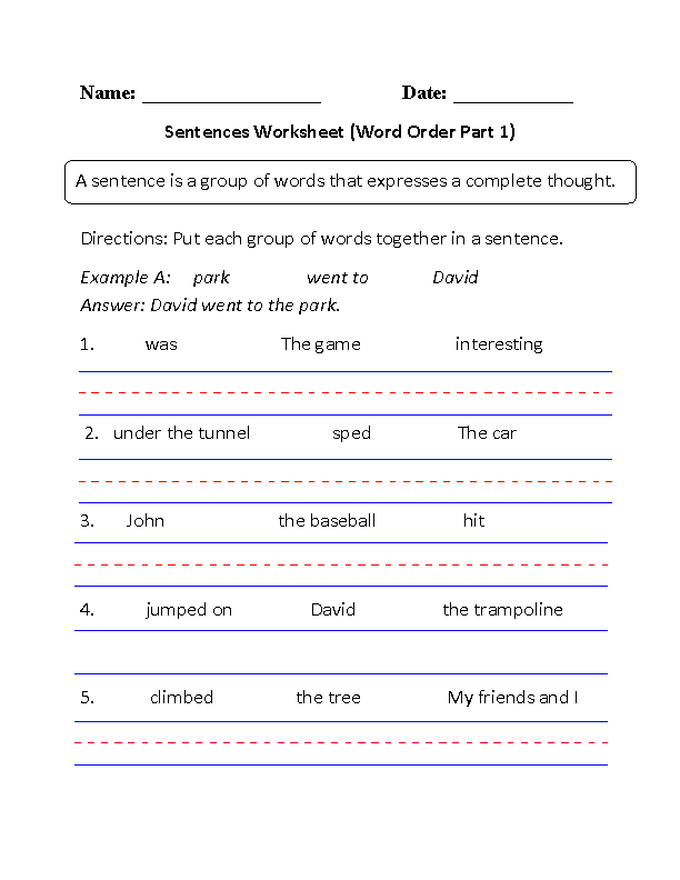 Word Order Simple Sentences Worksheet Part 1