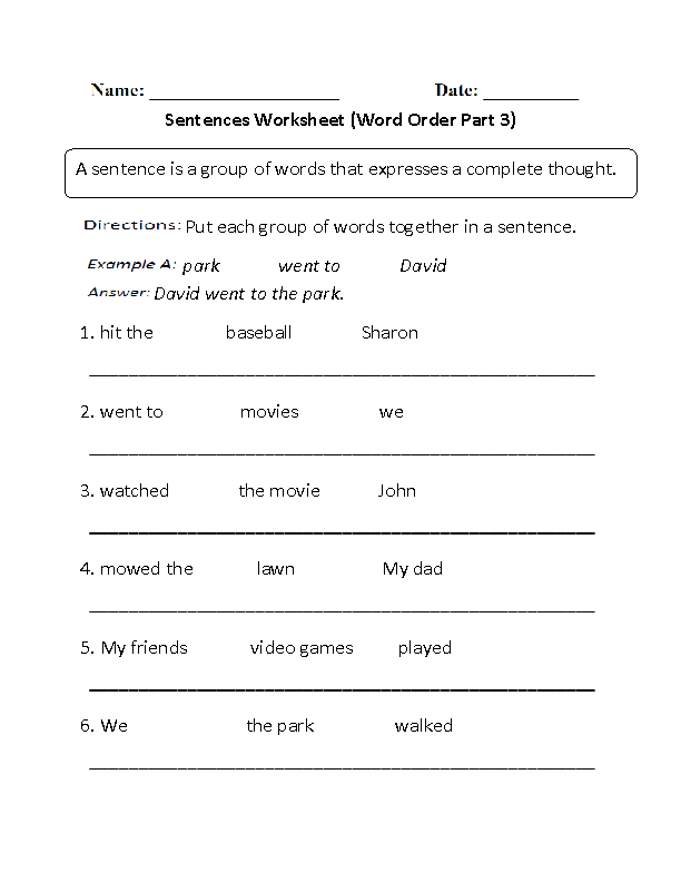 Word Order Sentence Worksheets