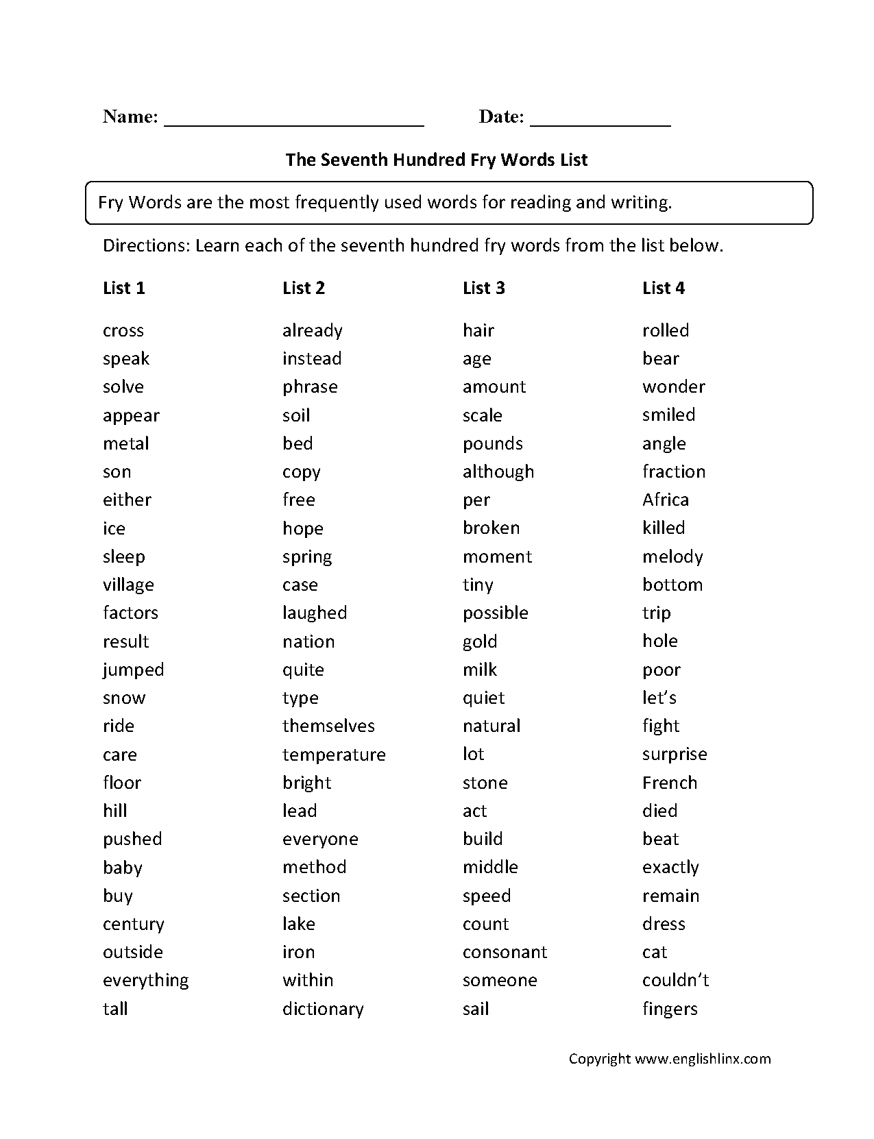 Seventh Hundred Fry Words List Worksheets