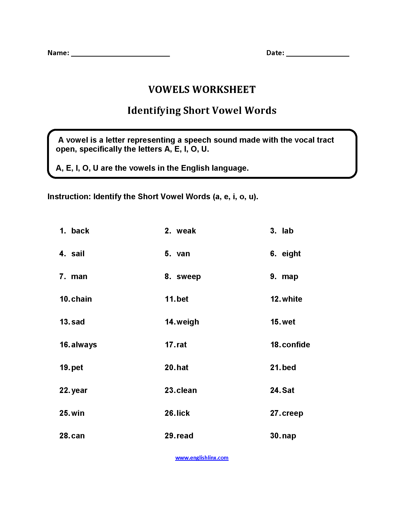 Short Vowel Words Worksheets