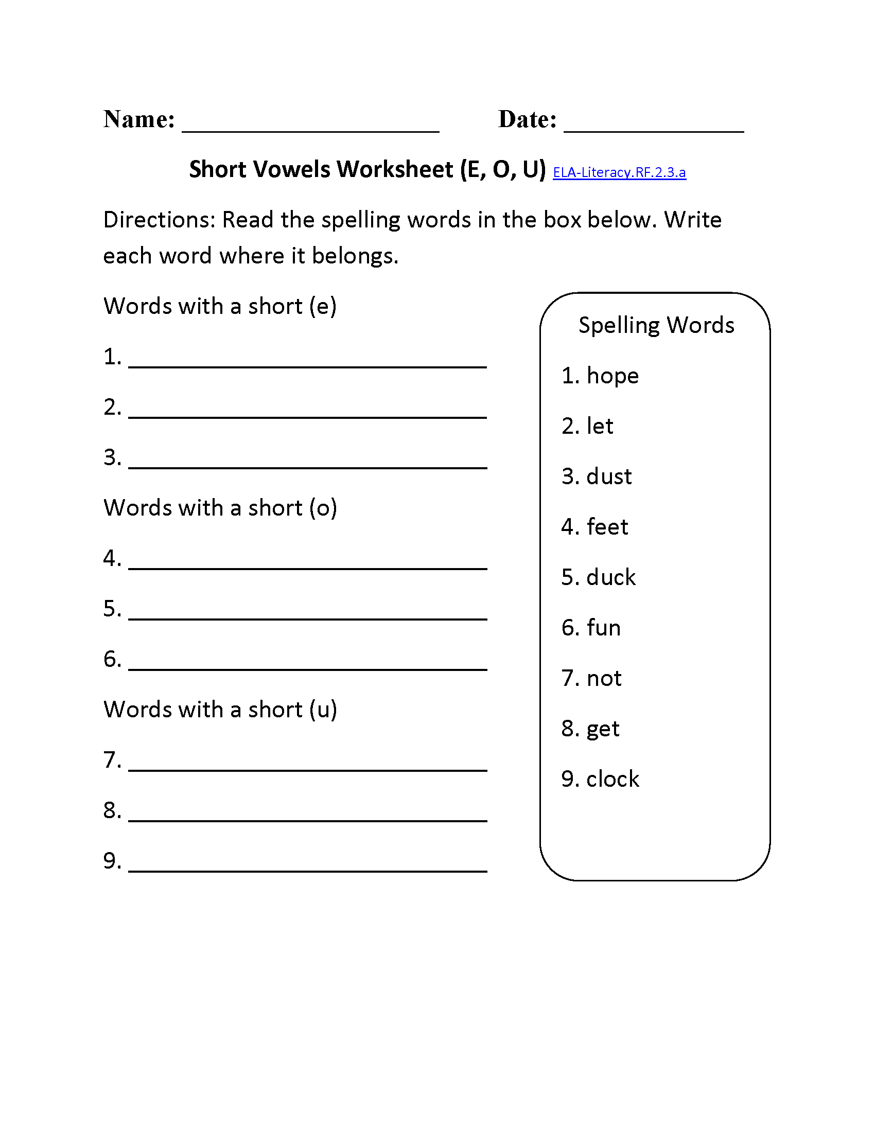 Short Vowels E O U ELA-Literacy.RF.2.3.a Reading Foundational Skills