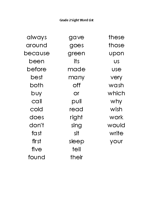 English Sight Words For Grade 2