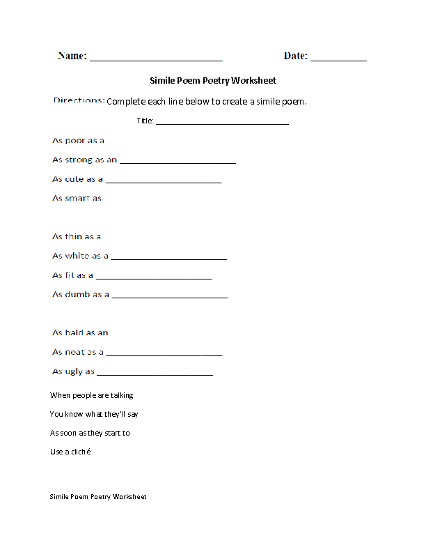 Simile Poem Poetry Worksheet