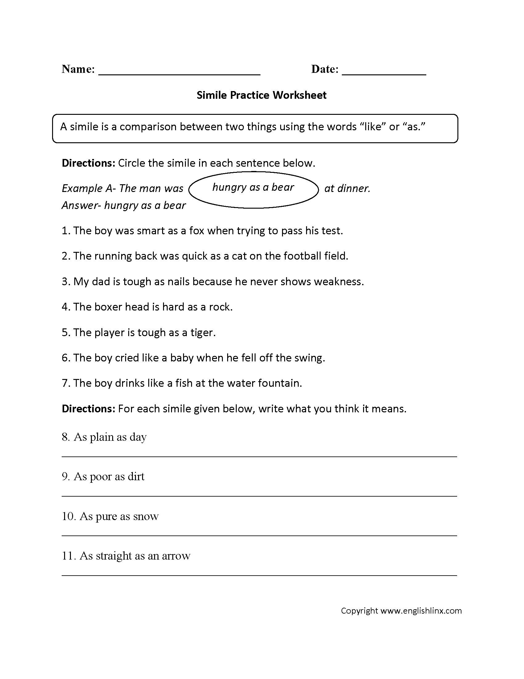 Simile Practice Worksheet