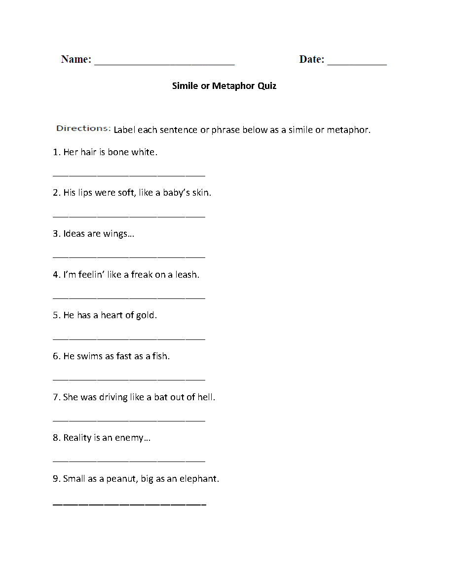 Similes Worksheets | Simile or Metaphor Quiz Worksheet