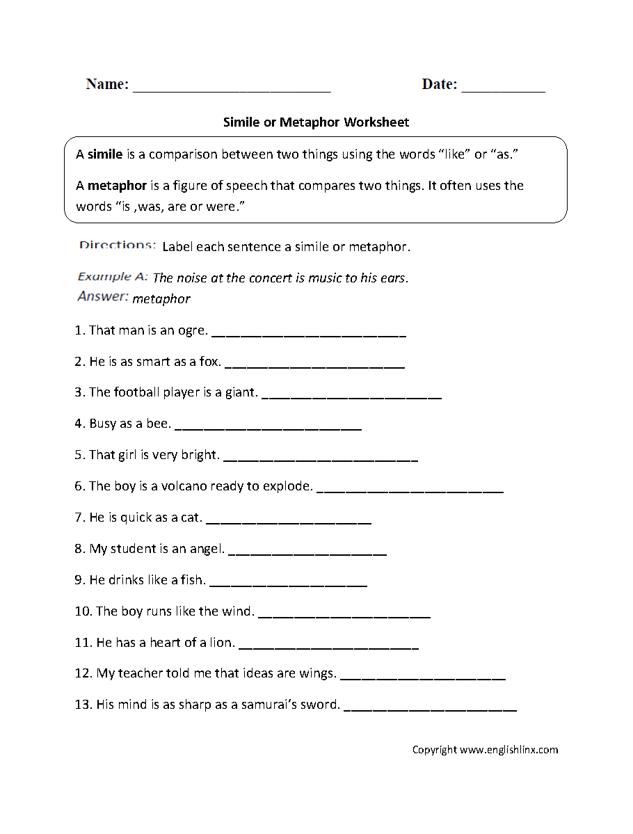 Figurative Language Worksheets | Simile Worksheets