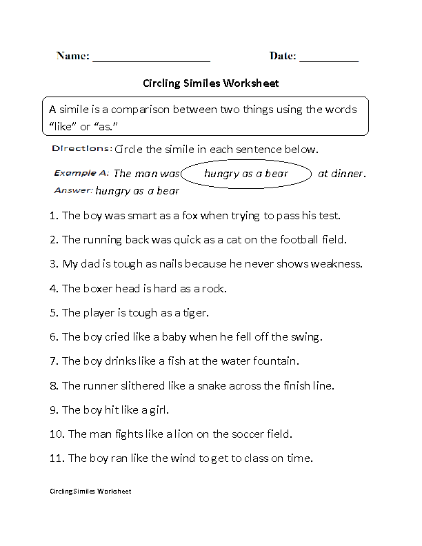 Circling Similes Worksheet