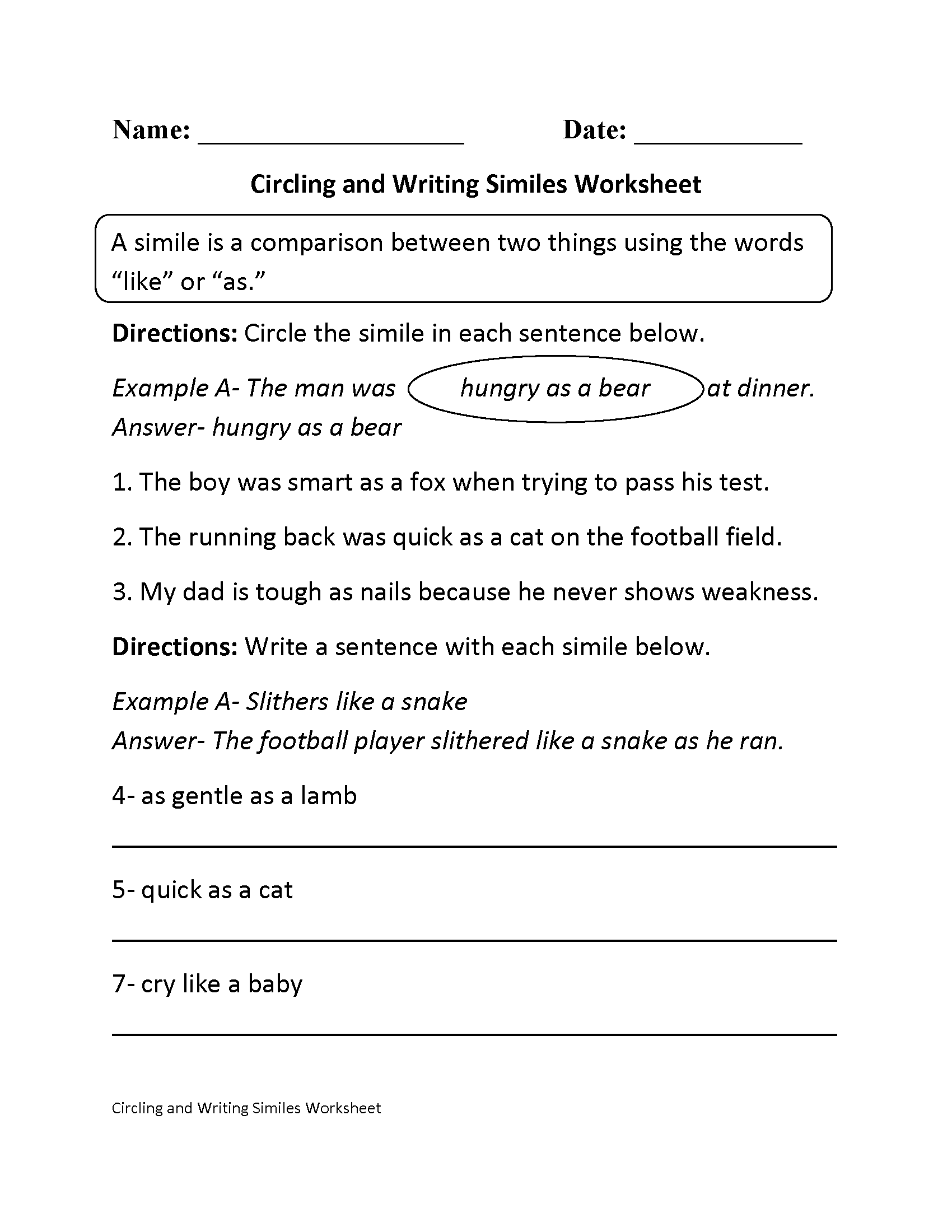 Circling and Writing Similes Worksheet