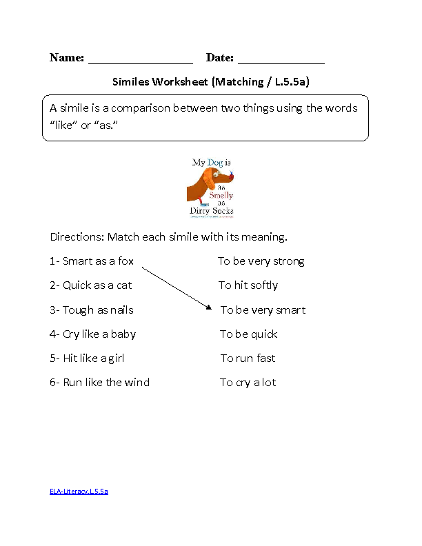 Simile Worksheet 1 ELA-Literacy.L.5.5a Language Worksheet