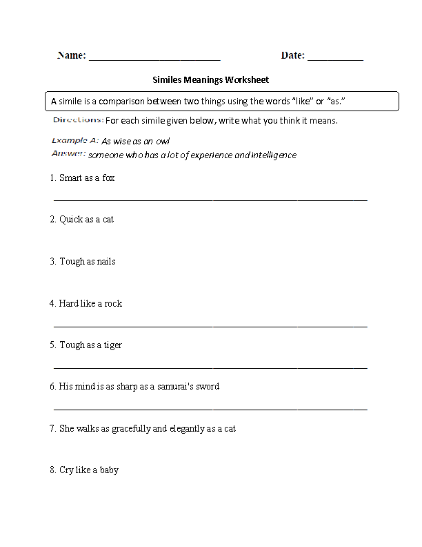 Similes Meanings Worksheet