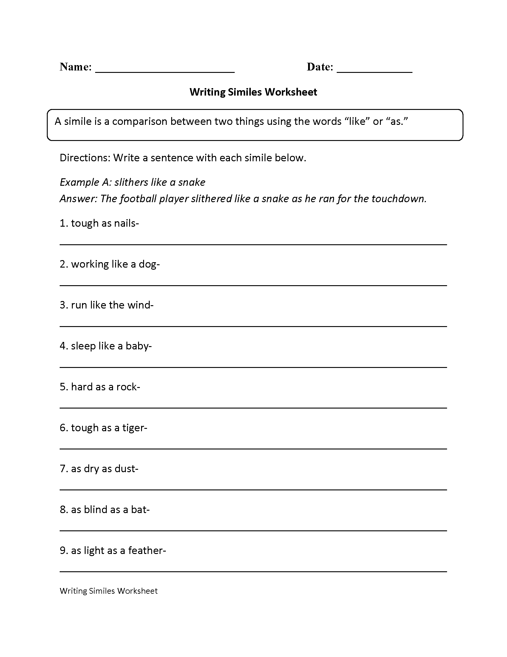 Similes Worksheets | Writing Simile Worksheet