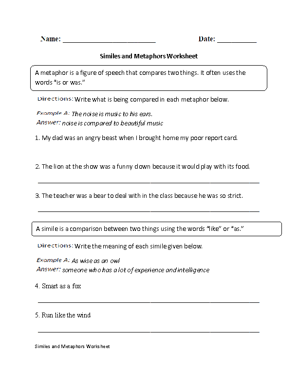 Similes Worksheet Part 1 as Beginner