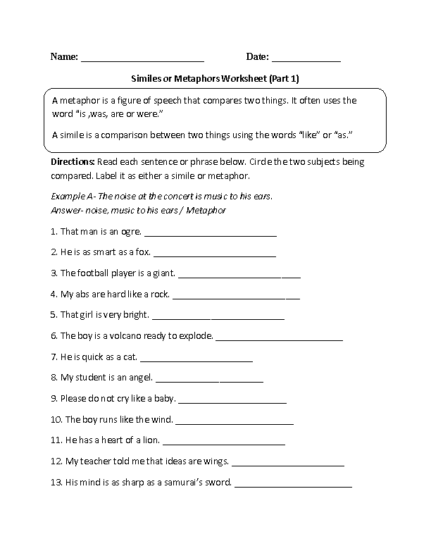 Similes Worksheet Similes or Metaphors Part 1 Intermediate