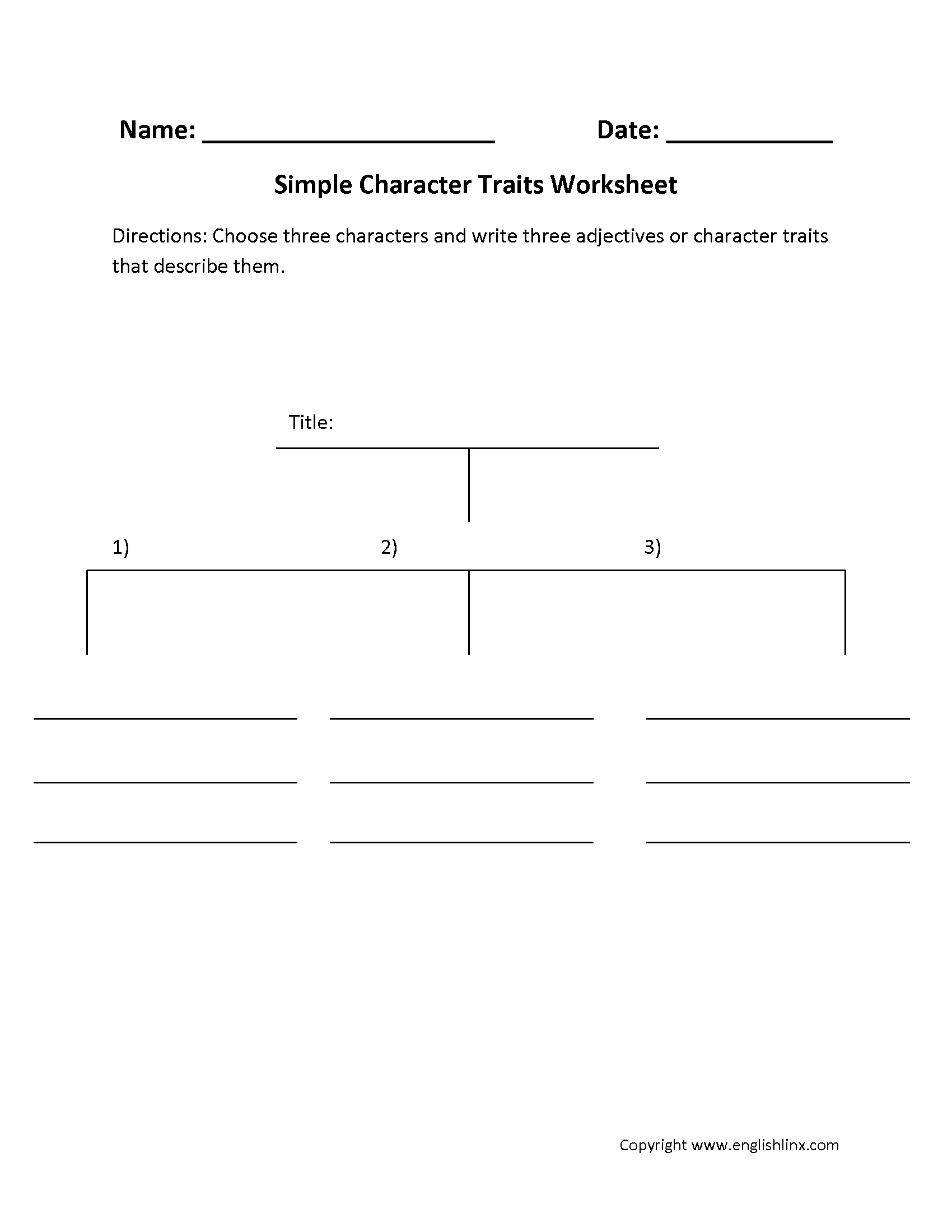 Simple Character Traits Character Analysis Worksheets