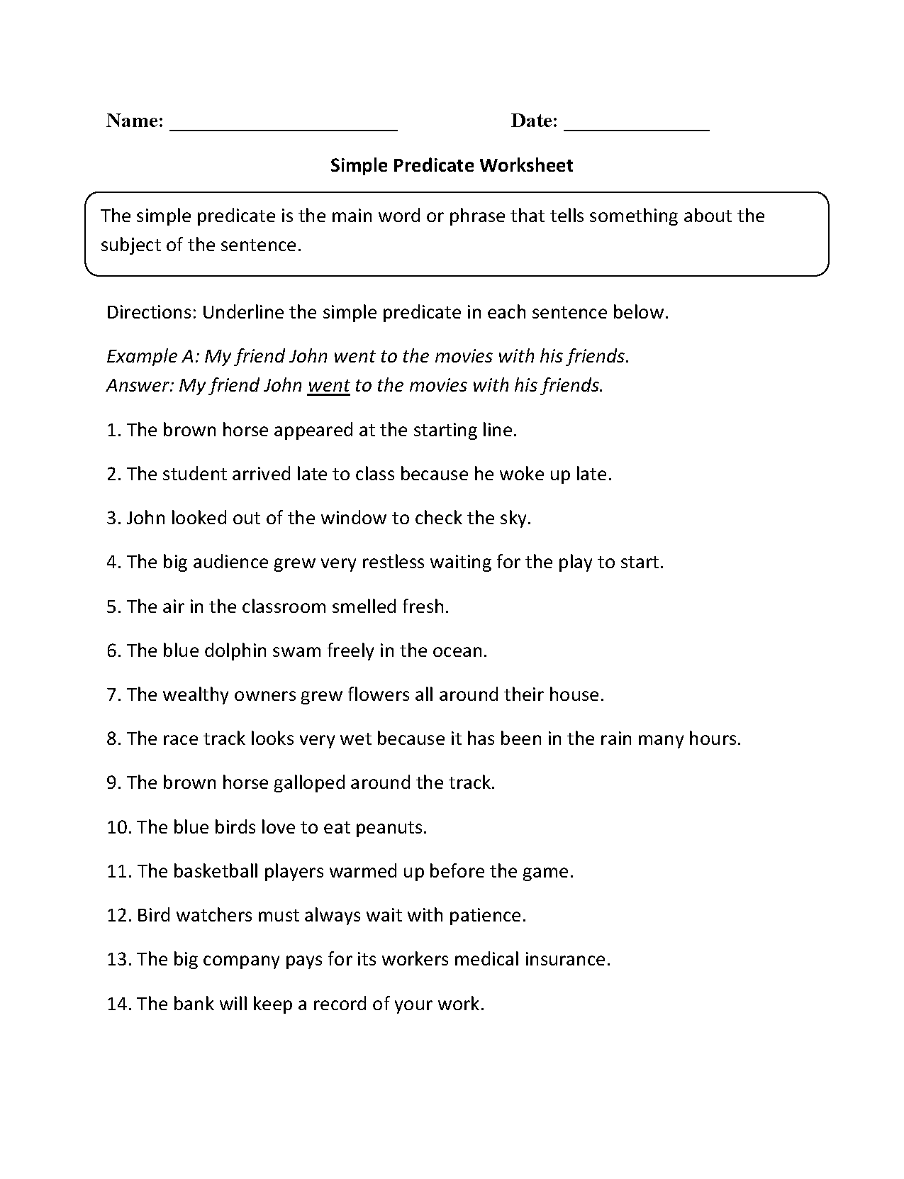 Simple Predicate Worksheet