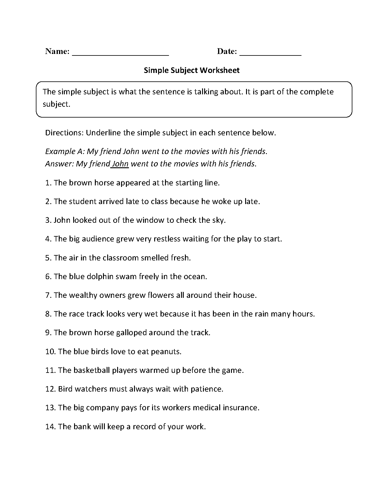 Simple Subject Worksheet