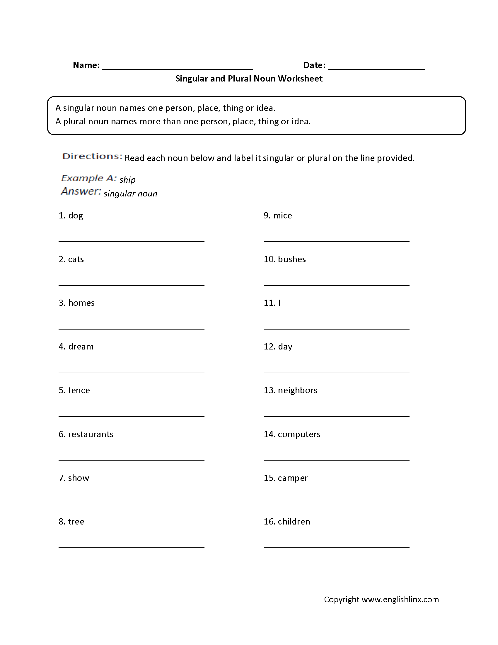 Singular And Plural Possessive Nouns Worksheets 6th Grade - nouns