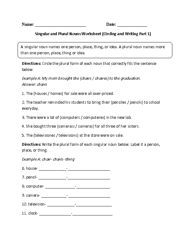 Circling and Writing Singular and Plural Noun Worksheet