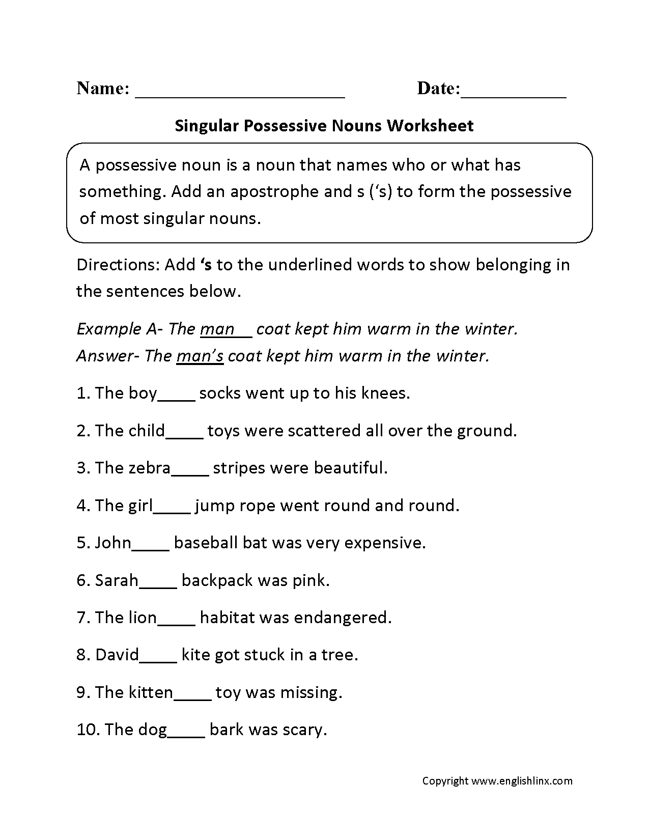 Singular Possessive Nouns Worksheets Grade