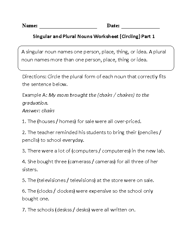 Circling Singular and Plural Nouns Worksheet Part 1