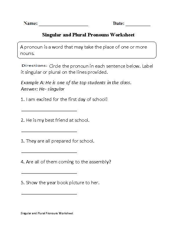 Pronouns Worksheets | Singular and Plural Pronouns Worksheets