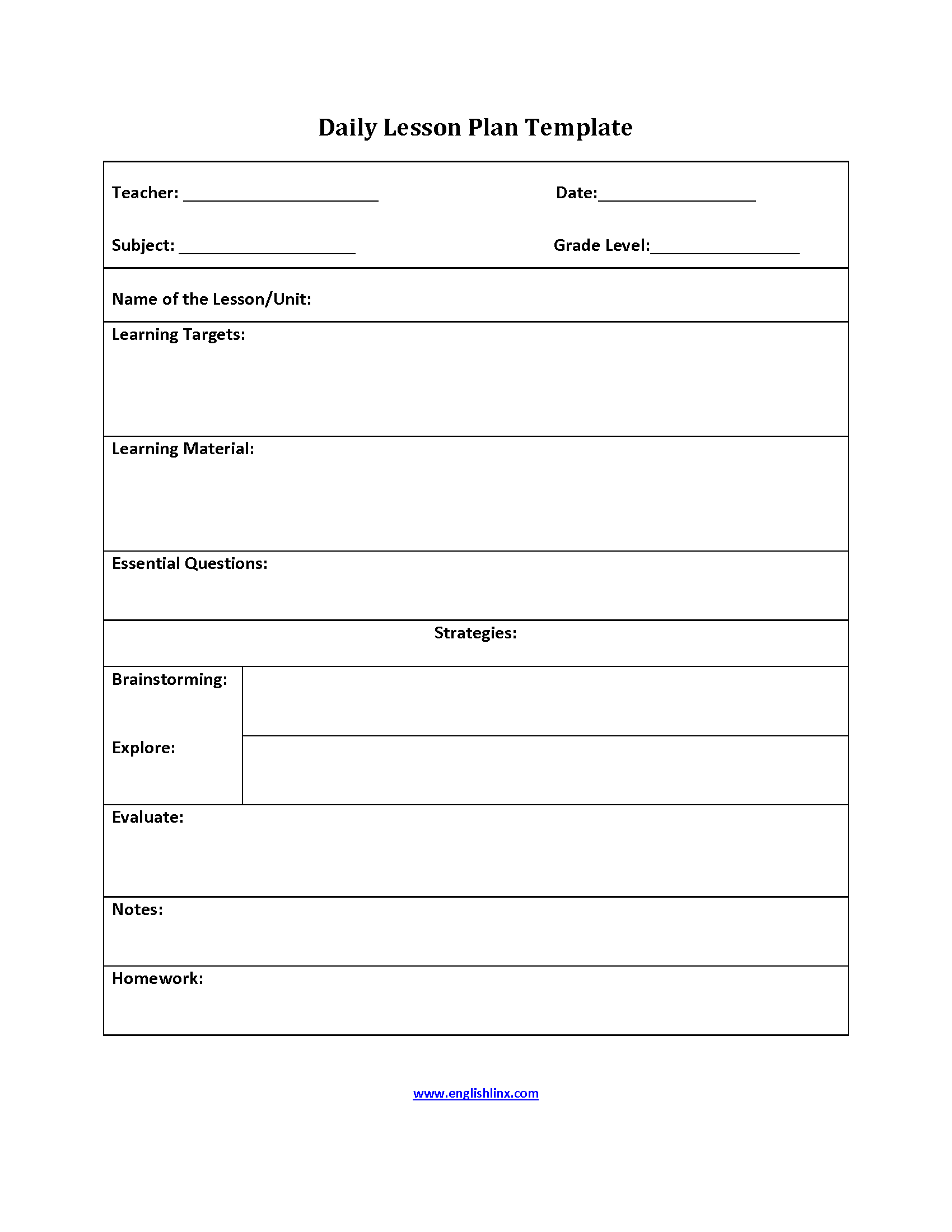 Six Step Lesson Plan Template
