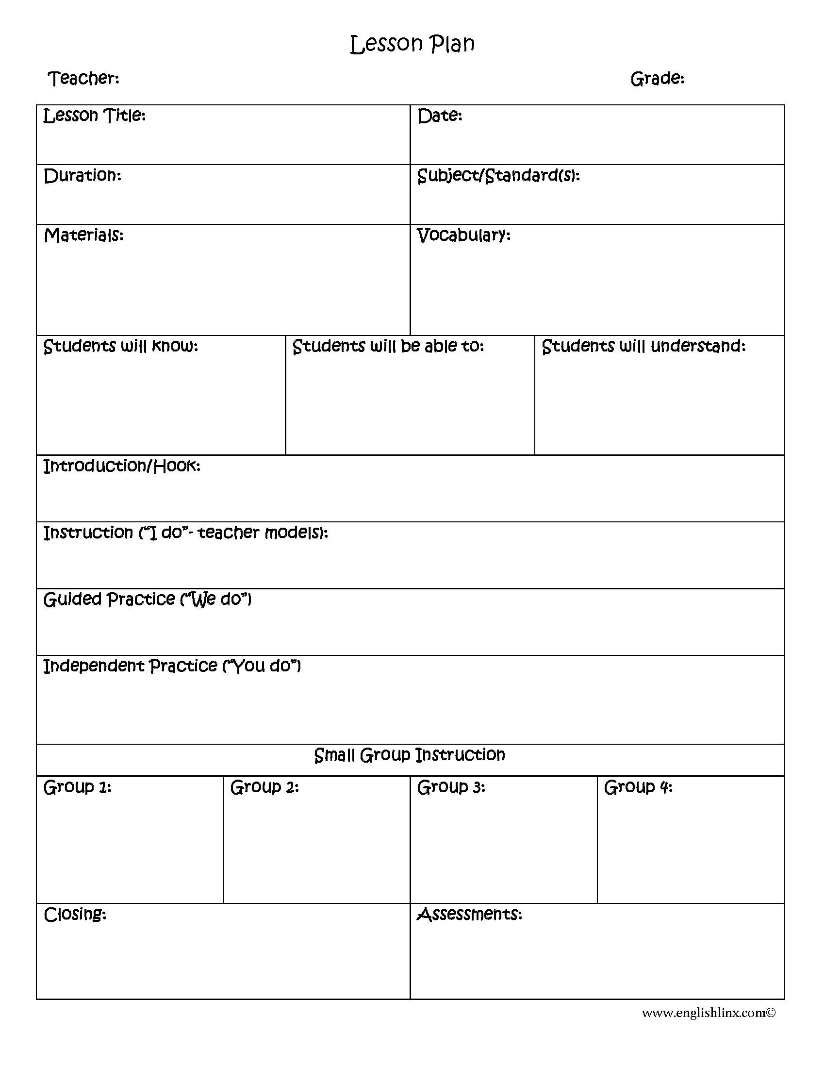 Small Group Reading Lesson Plan Template