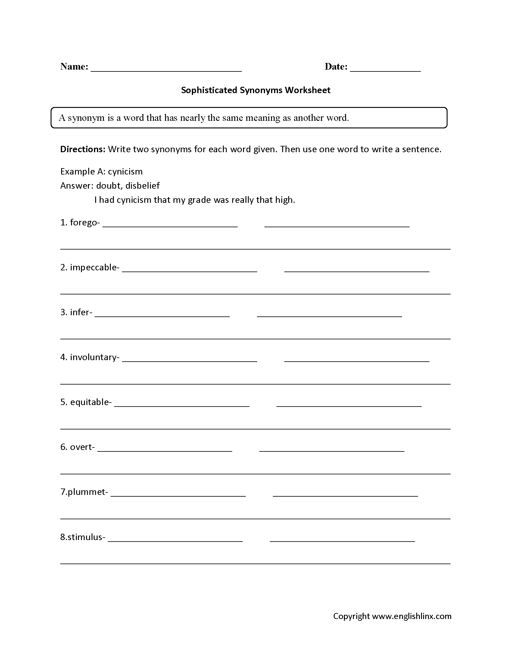 Sophisticated Synonyms Worksheets