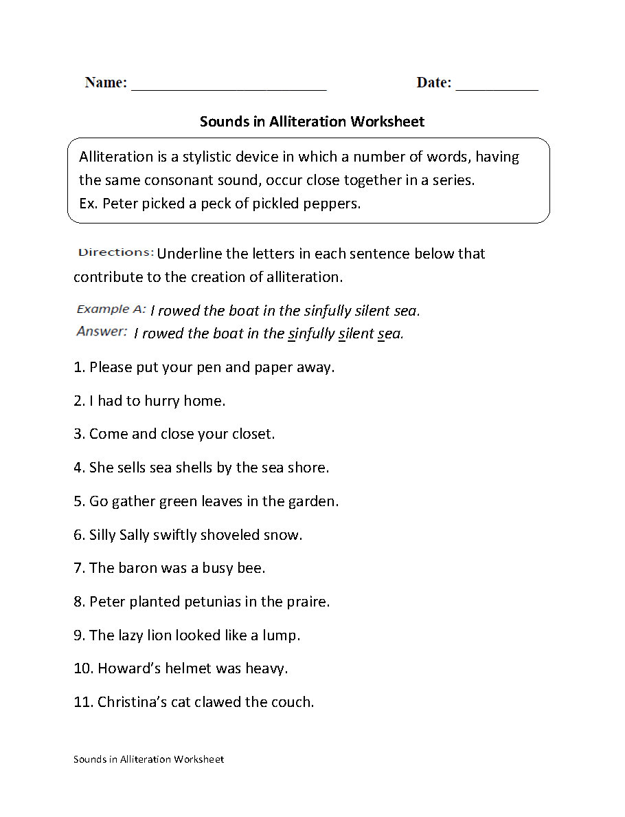 Alliteration Worksheets Sounds In Alliteration Worksheet