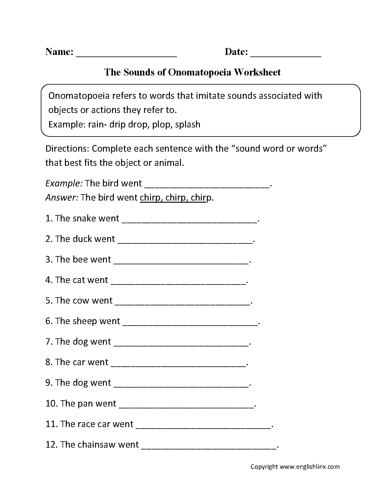 Onomatopoeia Englishlinx.com  worksheet animal  alliteration  Worksheets