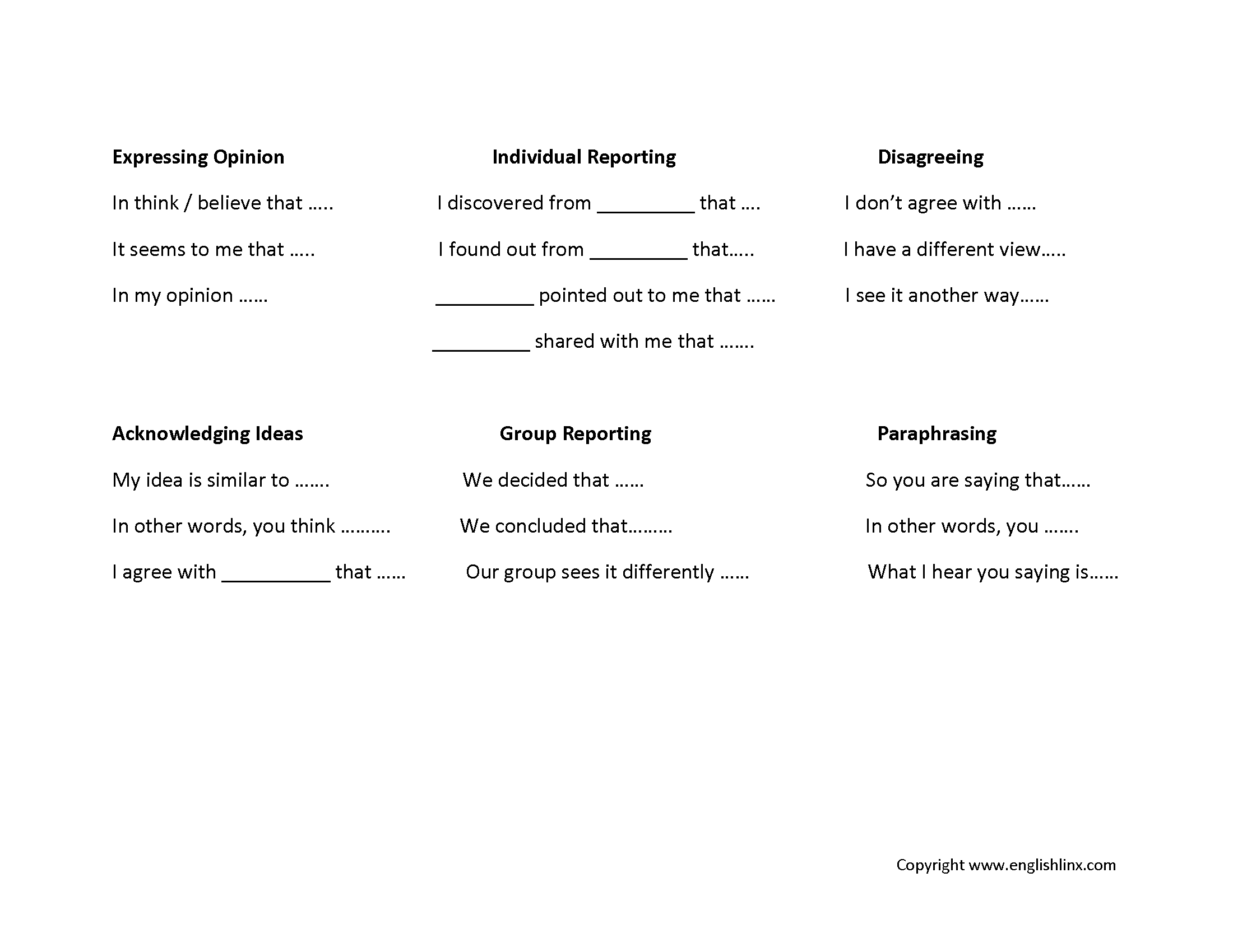 Speaking Chart Worksheets