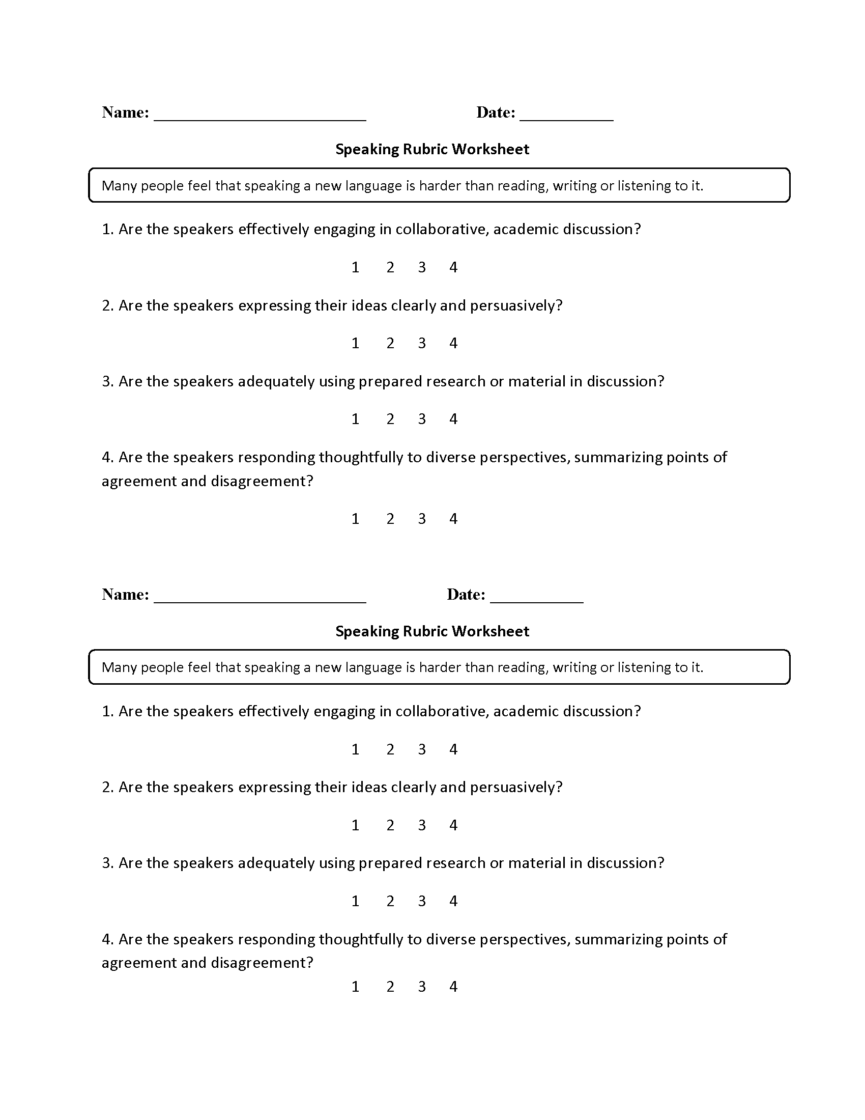 Speaking Rubric Worksheets