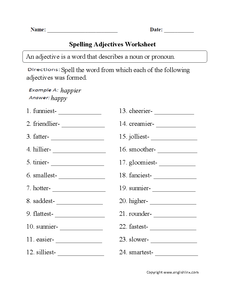 Spelling Adjective Worksheets