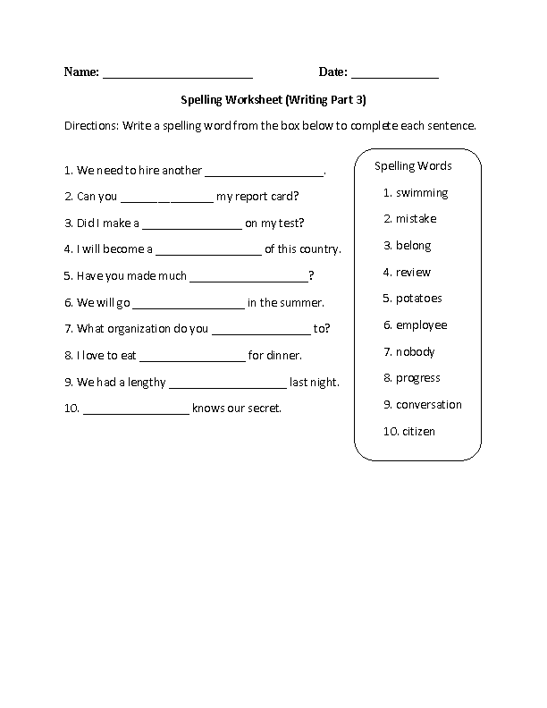 Spelling Worksheet Writing Part 3 Intermediate