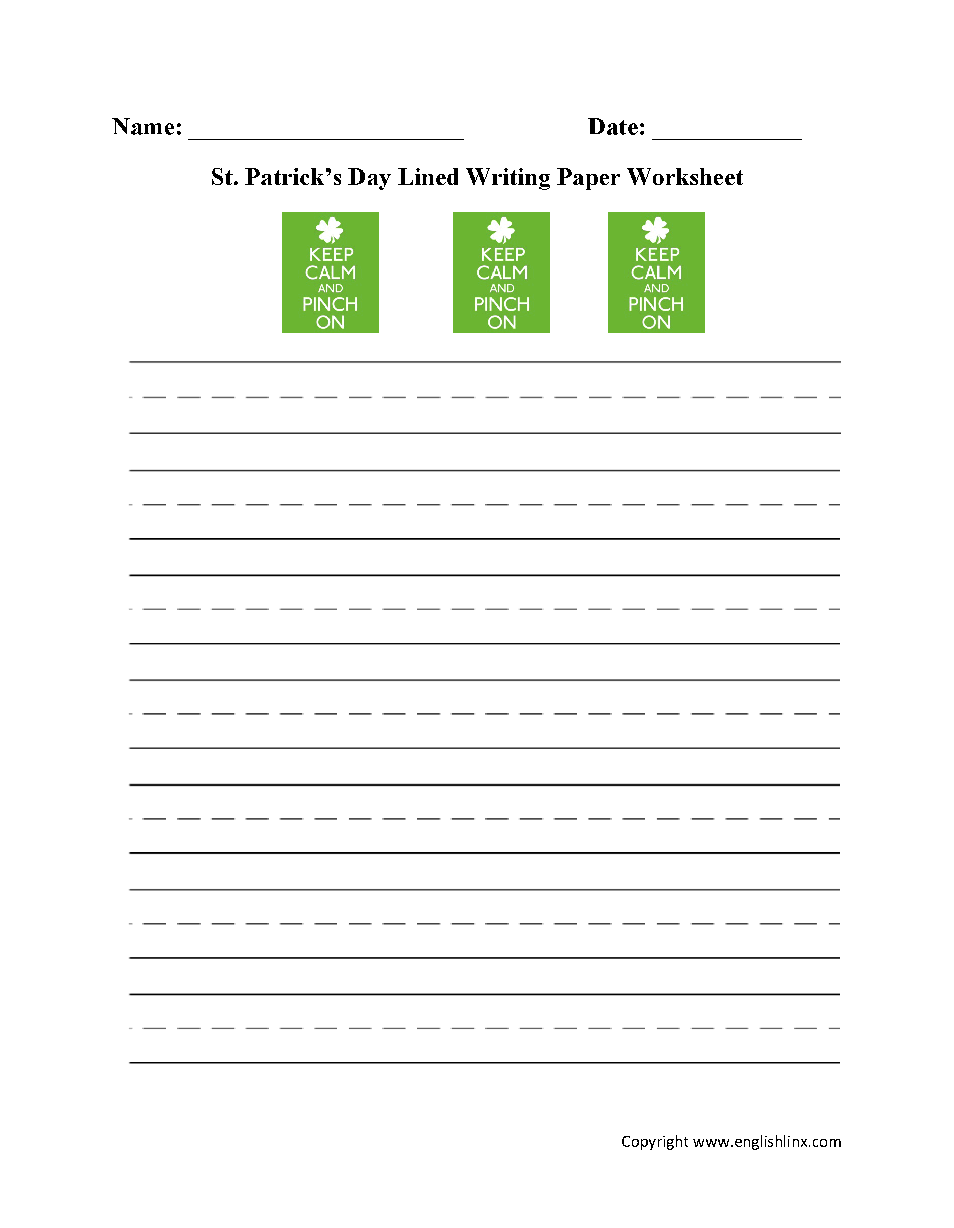 St. Patrick's Day Lined Writing Paper Worksheet