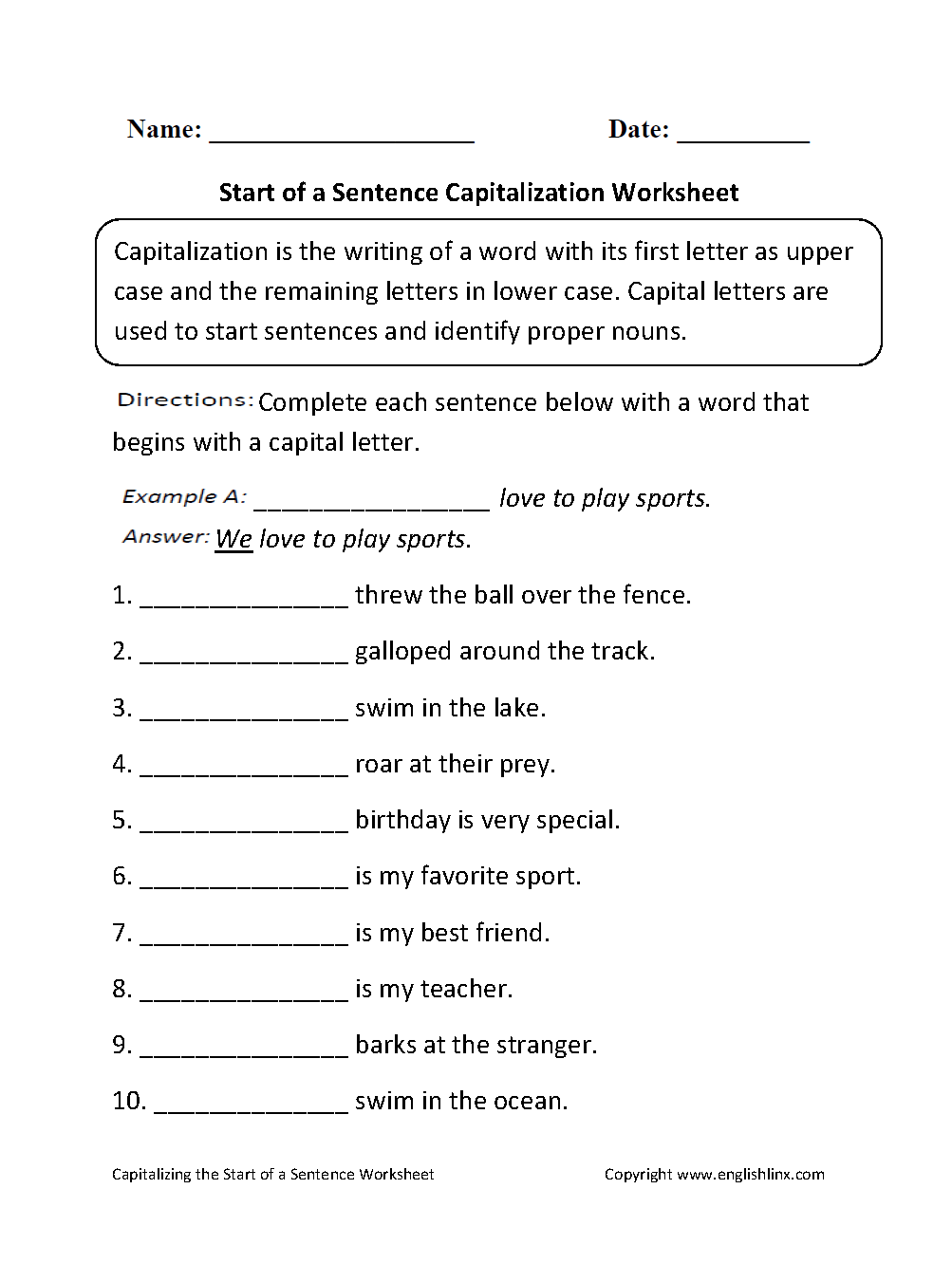 Start of Sentence Capitalization Worksheets
