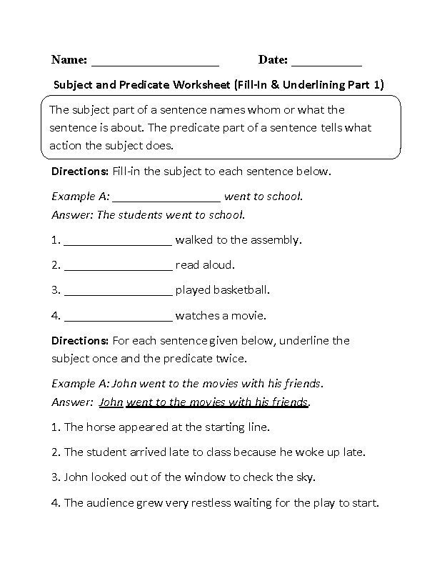 Subject Predicate Worksheet For Class 5