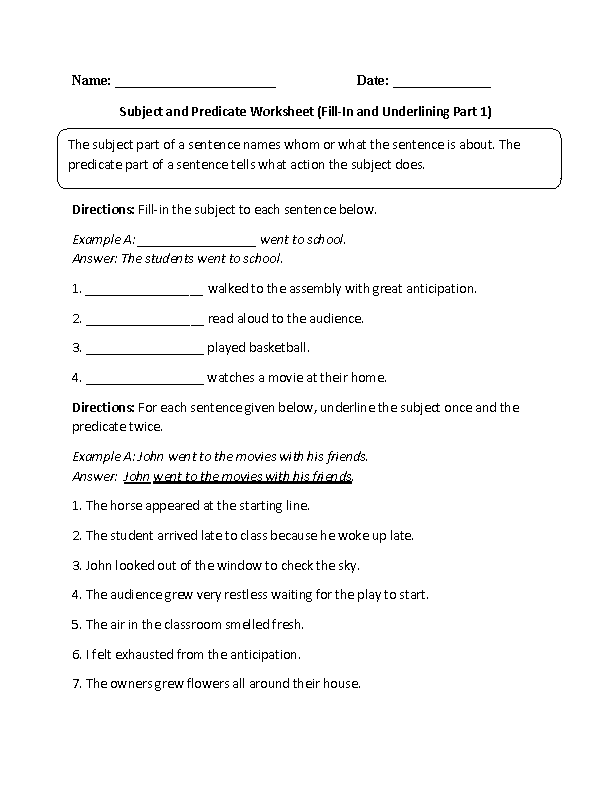 Subject and Predicate Fill-In and Underlining Worksheet