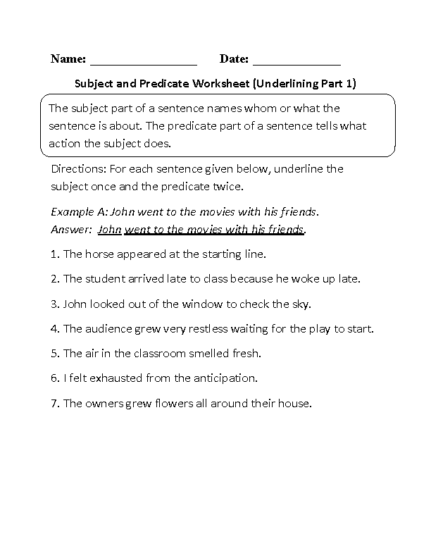 Subject and Predicate Worksheet Underlining Part 1