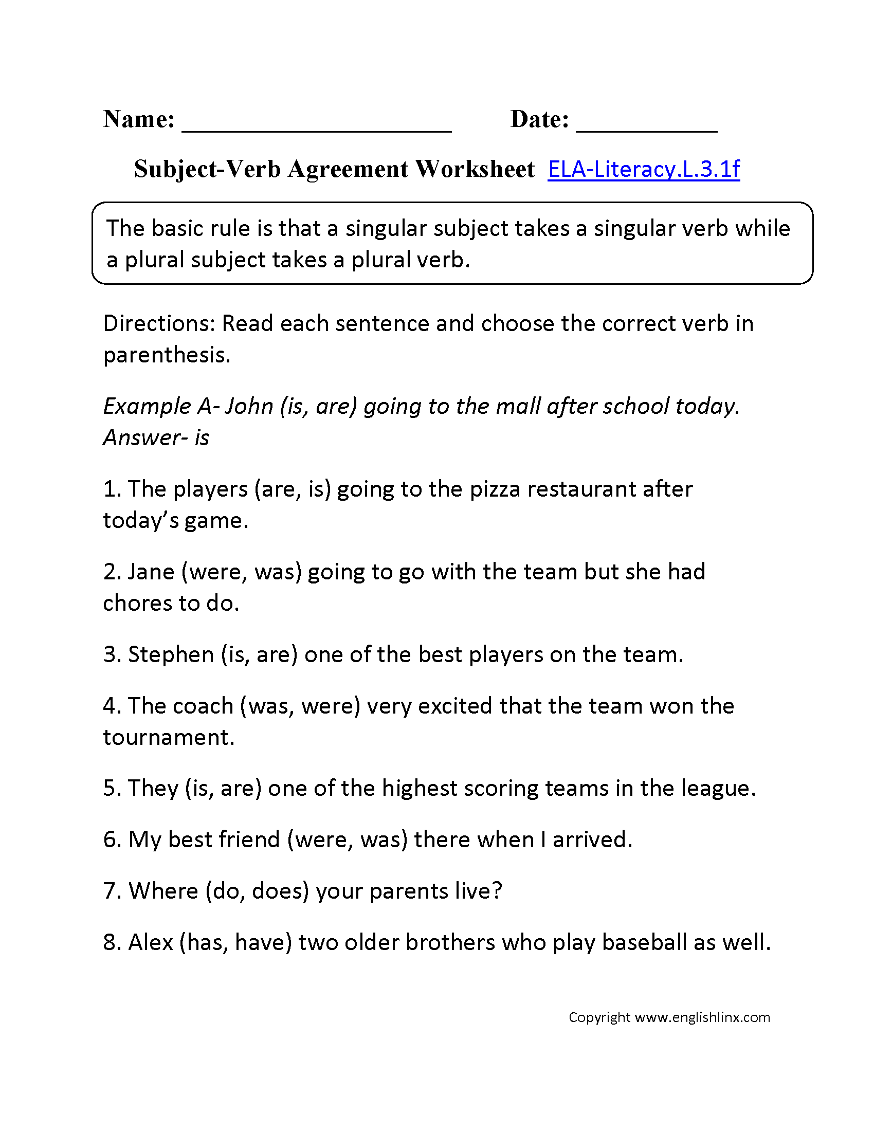 Subject-Verb Agreement Worksheet 2 ELA-Literacy.L.3.1f Language Worksheet