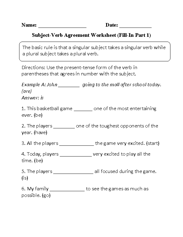 Subject And Verb Agreement Worksheets 5th Grade