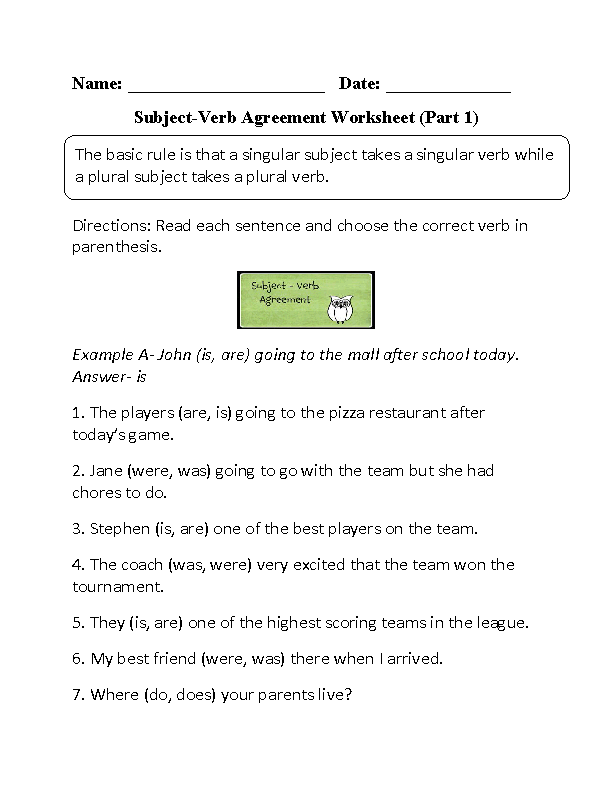 Choosing Subject Verb Agreement Worksheet