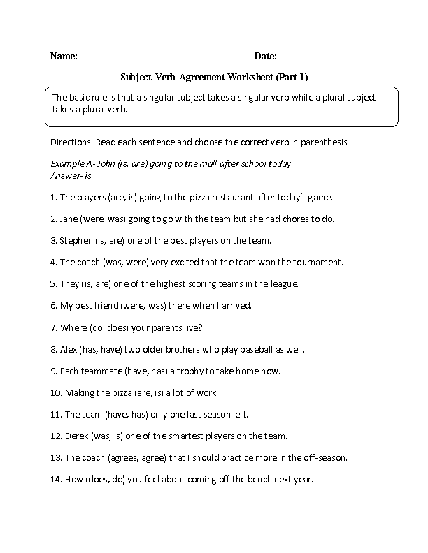 Practicing Subject Verb Agreement Worksheet