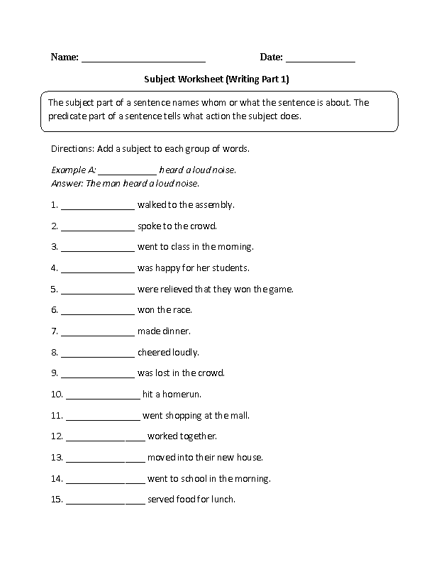 Subject Worksheet Writing