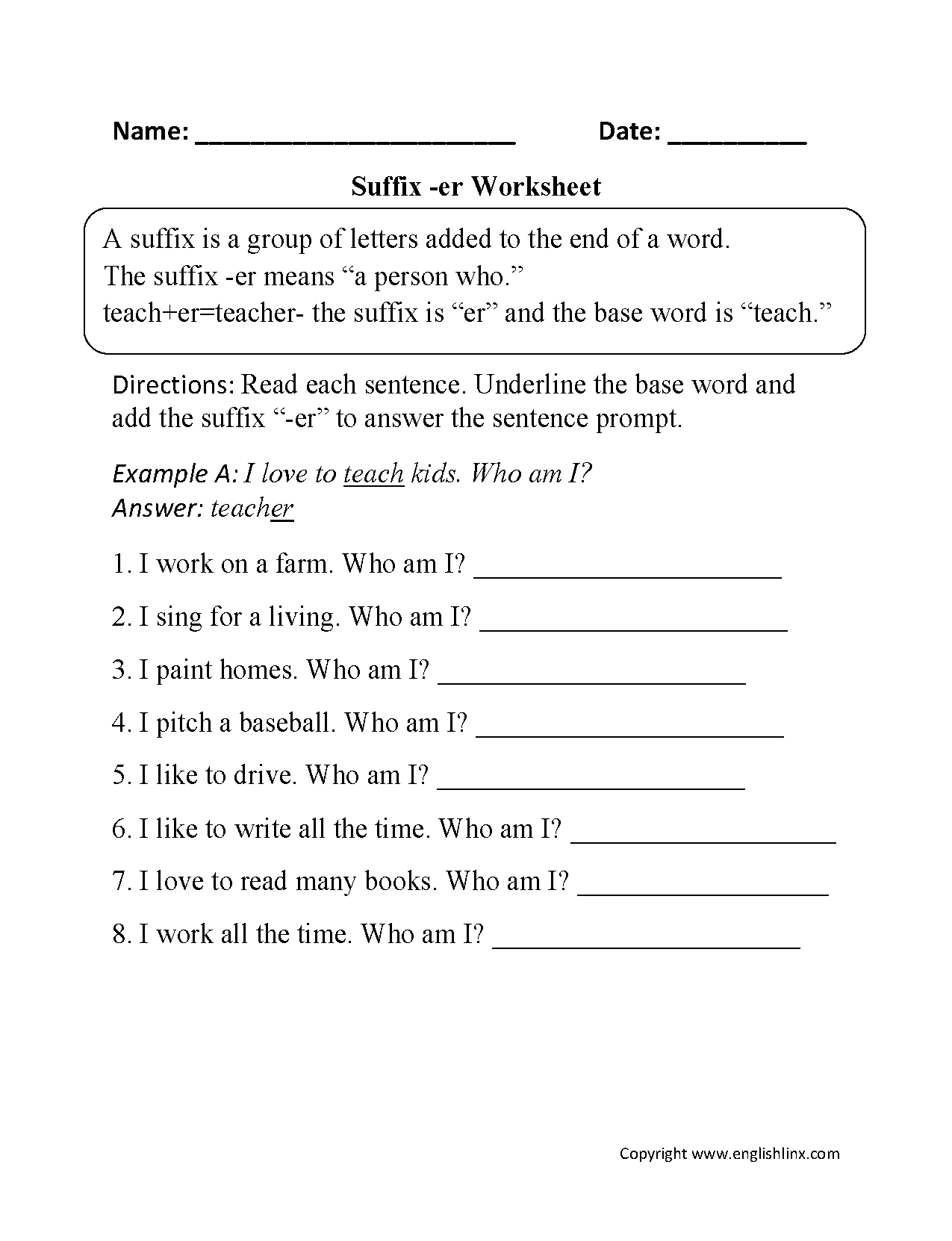 Suffixes Worksheets | Suffixes -er Worksheets